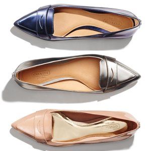 COACH Sz 6 Tabitha Flats in Silver Patent Leather, Pointed Toe, Sole Protector